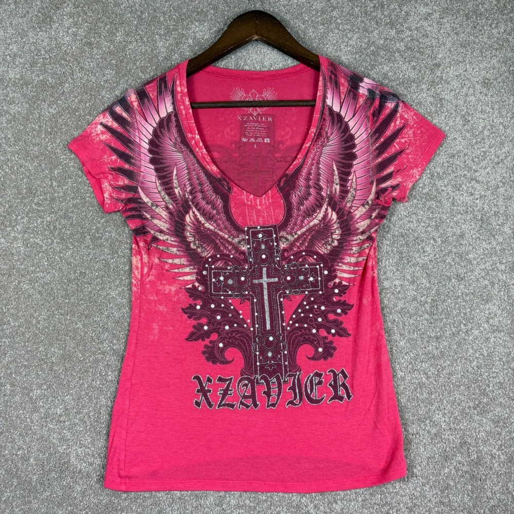 Xzavier Womens Pink Winged Cross Rhinestone V-Neck Graphic Tee Large Y2K Style